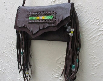 Shoulder Deerskin Leather Purse Pouch Fringe Sides Bag Bead Strip on Flap
