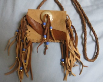 Handmade Small Fringed Brown and Tan Leather Neck Pouch Medicine Bag Braided Strap Shell Button Brass and Glass Beads