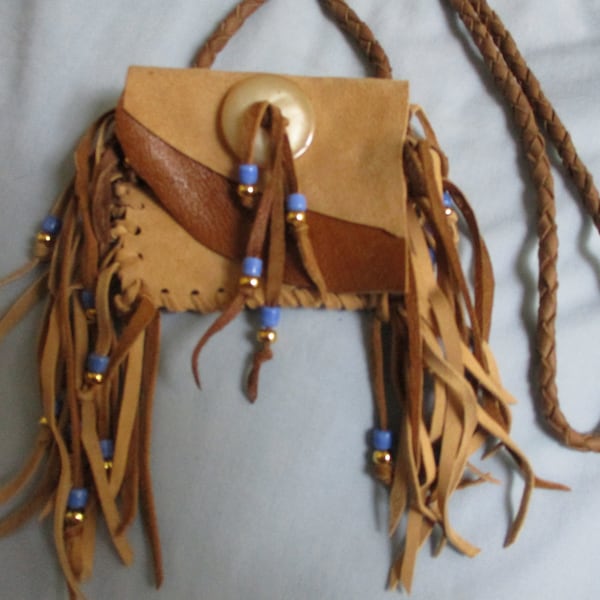 Handmade Small Fringed Brown and Tan Leather Neck Pouch Medicine Bag Braided Strap Shell Button Brass and Glass Beads
