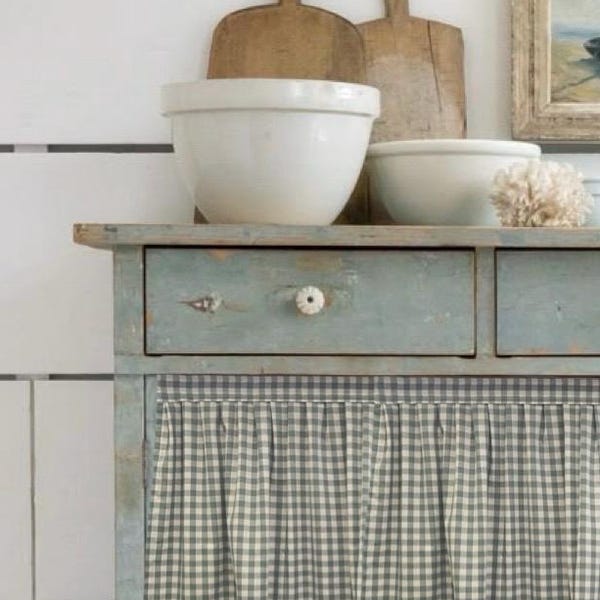 Duck Egg Gingham Sink Skirt: Cotswolds Cottage Kitchen Cabinet Curtain