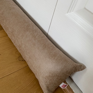 DRAUGHT STOPPER, MoCK LEATHER door draft excluder uk, beige draft stopper with filling, extra long draught excluder custom made