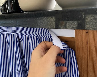 Blue Striped sink curtain, French Farmhouse hook and loop cupboard skirt