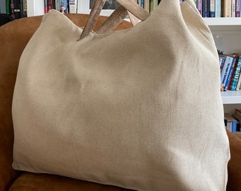 XXL jute strandtas: extra grote katoenen draagtas met handvatten van veganistisch leer