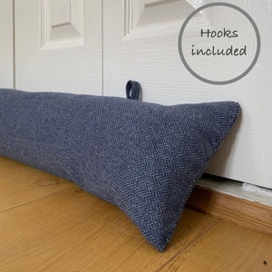 DRAUGHT EXCLUDER WiTH HOOPS, Blue tweed draft stopper, door snake, Long draft excluder with filling