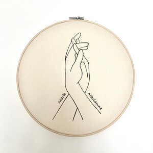 embroidery hoop with drawing of hands holding and couples name.
