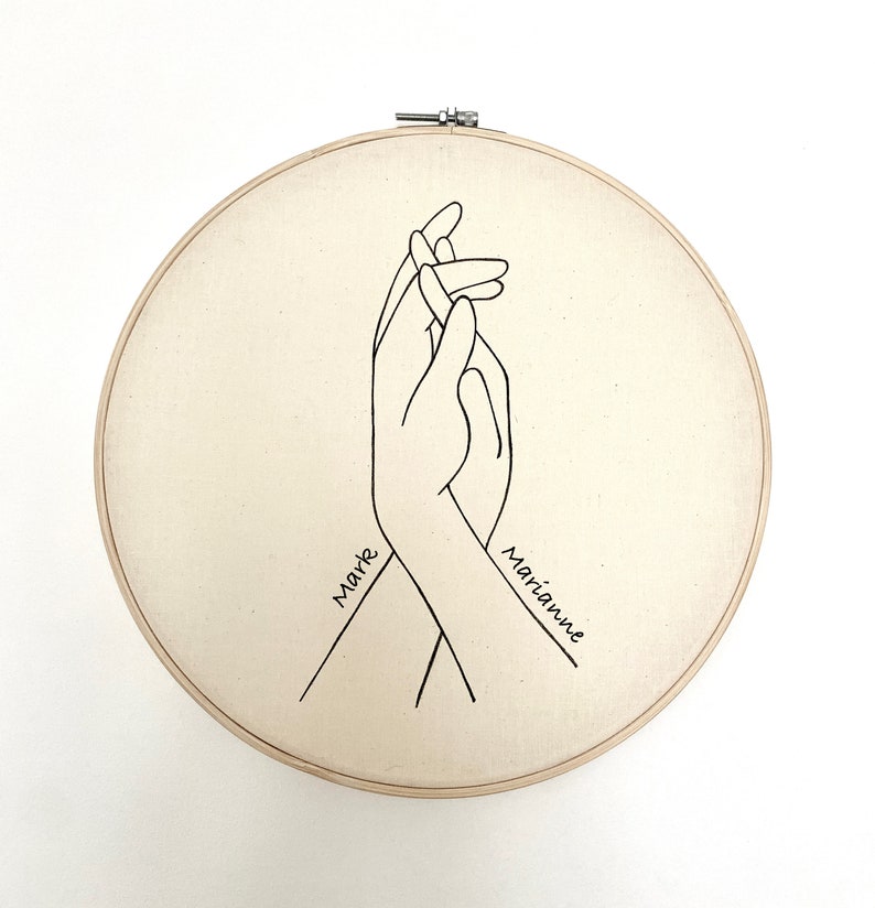 embroidery hoop with drawing of hands holding and couples name.