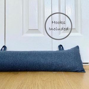 BLUE DRAUGHT EXCLUDER with HOOPs - heavy draft stopper, self pulling door snake, filled draught stopper with hooks