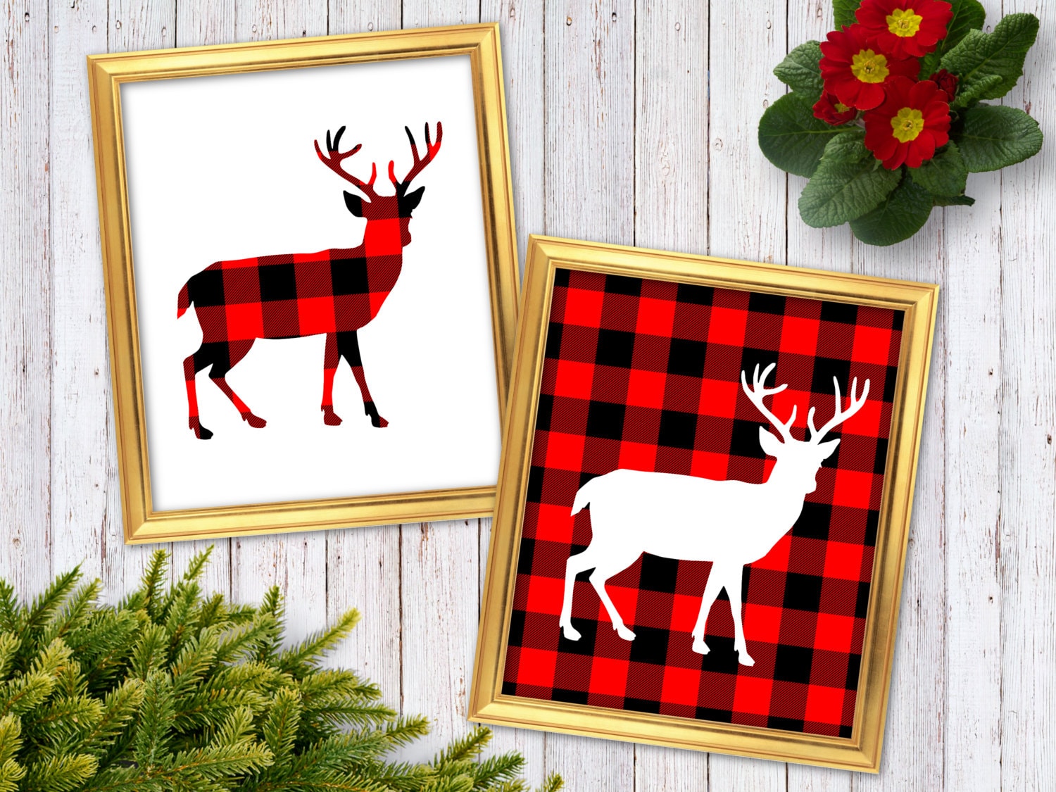 Red Plaid Deer Wall Art Rustic Buffalo Plaid Decor Etsy