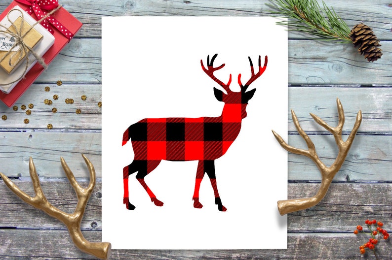 Red Plaid Deer Wall Art Rustic Buffalo Plaid Decor Etsy