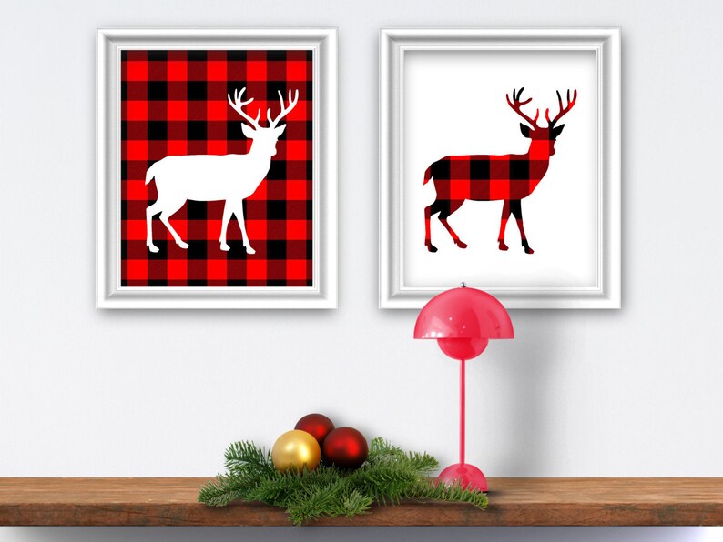 Red Plaid Deer Wall Art Rustic Buffalo Plaid Decor Etsy