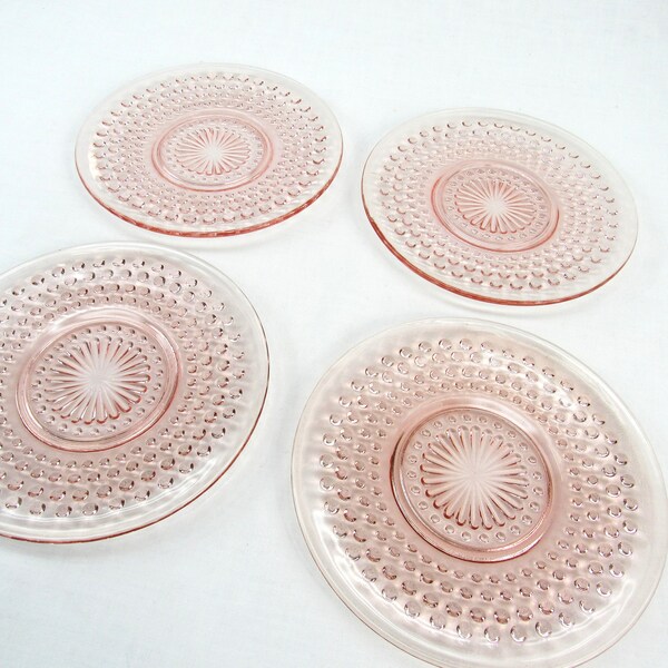 4 Pink Hobnail bread and butter Plates Anchor Hocking set depression glass sherbet