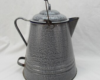 Vintage Enamelware Cowboy Coffee Pot Kettle 10.5" Farmhouse Country Graniteware