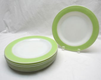 Vintage Pyrex Lime Green Band Milk Glass Dinner Plates 10" Set of 7
