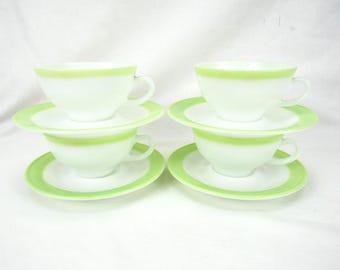 Pyrex Vintage White Milk Glass Coffee Cups saucers lime green Band set of 4