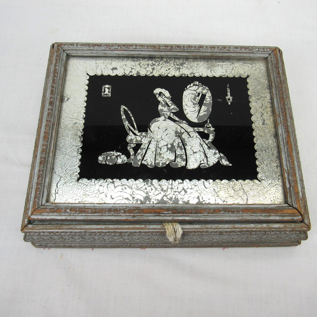 Victorian Lady Wood Jewelry Box Reverse Painted Silhouette Mirror