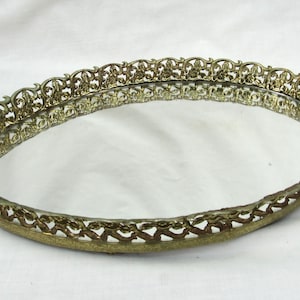 Vintage Filigree Vanity Mirror Dresser Tray 13" Gold metal Oval