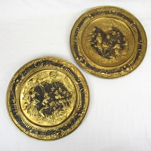 Decorative Brass wall Plates set of 2 embossed tavern scene plaques England 14&quot;