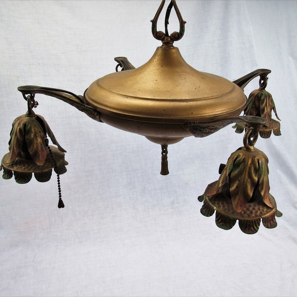 Antique Chandelier ornate Ceiling Light fixture 4 bulb art nouveau gold painted hanging lamp flower sockets for repair