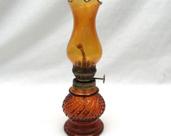 Vintage Oil Lamp Amber Gold Glass with Small Ruffled Chimney 7.75"