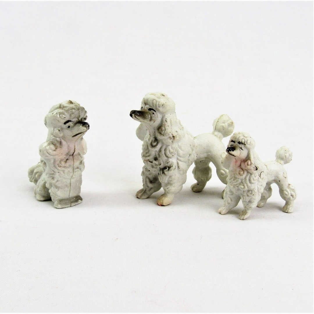 3 Miniature Poodle Figurines Vintage Plastic White Dogs Set Dollhouse