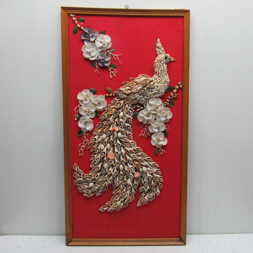 Peacock Inner Shell Vintage Shell Picture Peacock Wall Hanging 1960s Framed Wall Folk Art ...