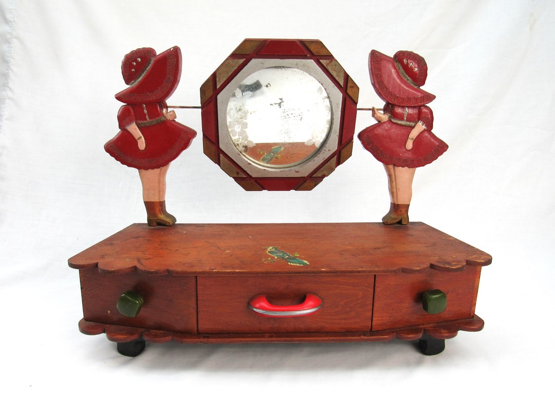 Vintage Tabletop Vanity Mirror Shelf With Drawers Red Girls Etsy