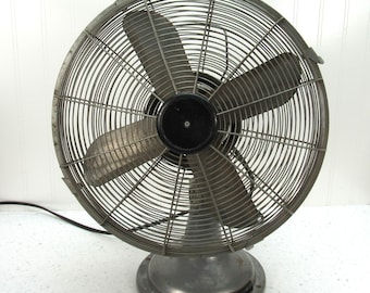 Ventilador de mesa oscilante vintage de metal, 3 velocidades, 16", funciona, gris