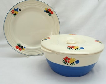 Cazuela Universal Potteries con tapa y plato hondo Tulipanes (pieza poco común)