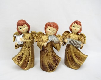 Vtg 1960s Paper Mache Angels set of 3 Gold musicians Christmas choir