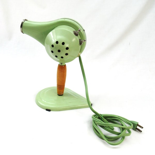 Vintage 1950s Hair Dryer Handy Hannah seafoam green with stand wood handle works