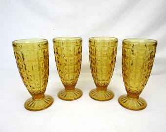Mid Century Footed Iced Tea Glasses gold Glassware set of 4 tumblers