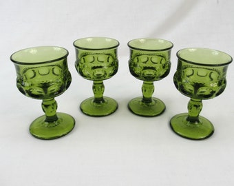 Kings Crown green Goblets set of 4 claret glasses 3 oz footed Indiana glass rare