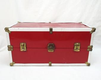 Vintage 1950s Red Metal Child's Trunk Toy Storage Doll Closet