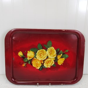 Vintage 1950s Metal lap TV Tray lithograph yellow roses on red serving tray