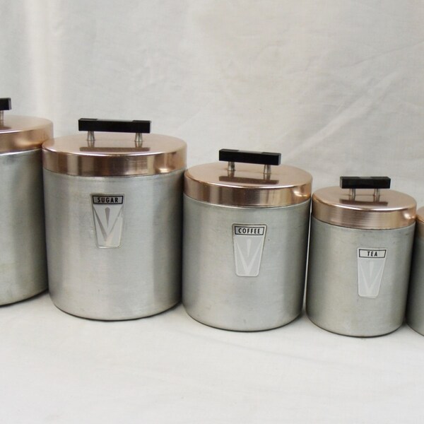 5 spun aluminum Kitchen Canisters vintage chrome and copper containers