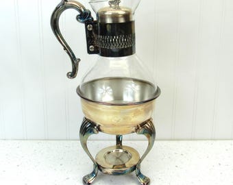 Jarra de café/té de cristal vintage F. B. Rogers con soporte calentador plateado