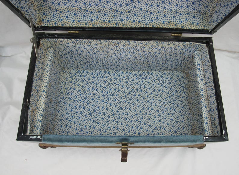 Vintage Camel Back-koffert 45 cm, barnstorlek, förvaring, blå sammetsklädd bild 11