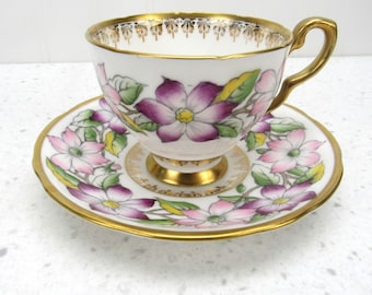 Royal Stafford Clematis Tea Cup and Saucer set purple pink gold bone china