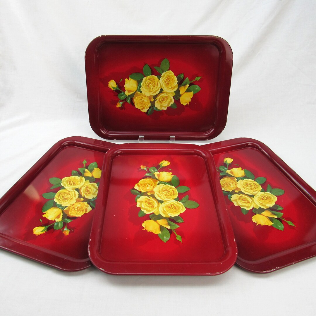 Metal Lap TV Trays Vintage 1950s Yellow Roses on Red Tray Etsy