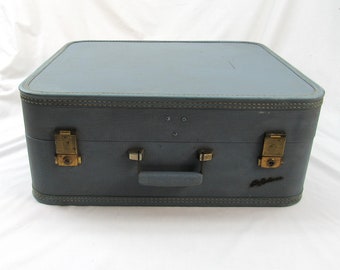 Vintage hard side Suitcase blue Lady Baltimore luggage brass hardware project 22"