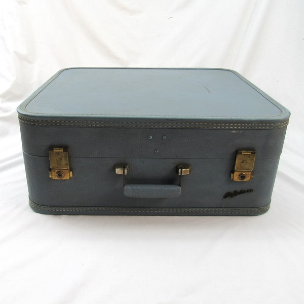 Vintage hard side Suitcase blue Lady Baltimore luggage brass hardware project 22"