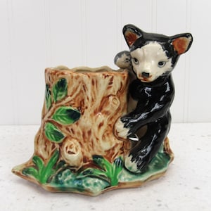 Vintage Bear Cub On a Tree Stump Planter heavy Pottery Japan