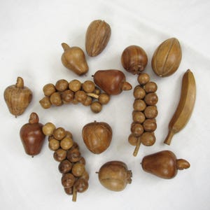 Mid Century Wooden Fruit sculptures 14 vintage tiki figurines tropical