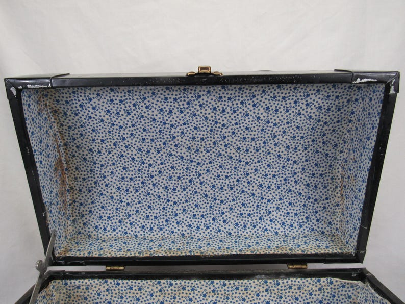 Vintage Camel Back-koffert 45 cm, barnstorlek, förvaring, blå sammetsklädd bild 9