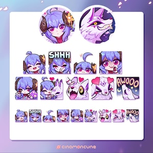 Könnte beinhalten: Ein Set mit 18 digitalen Stickern, die eine Figur mit lila Haaren, Hörnern und einen weißen Wolf zeigen. Die Sticker beinhalten verschiedene Ausdrücke wie "shhh", "awoo" und Herzen. Die Sticker sind im Cartoon-Stil gestaltet und perfekt, um deinen digitalen Kommunikationen einen Hauch von Verspieltheit zu verleihen.