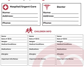 May include: A white and red emergency information sheet with sections for hospital, doctor, children, and home details. Includes fields for names, addresses, phone numbers, and medical information. The top banner reads "Emergency Info".