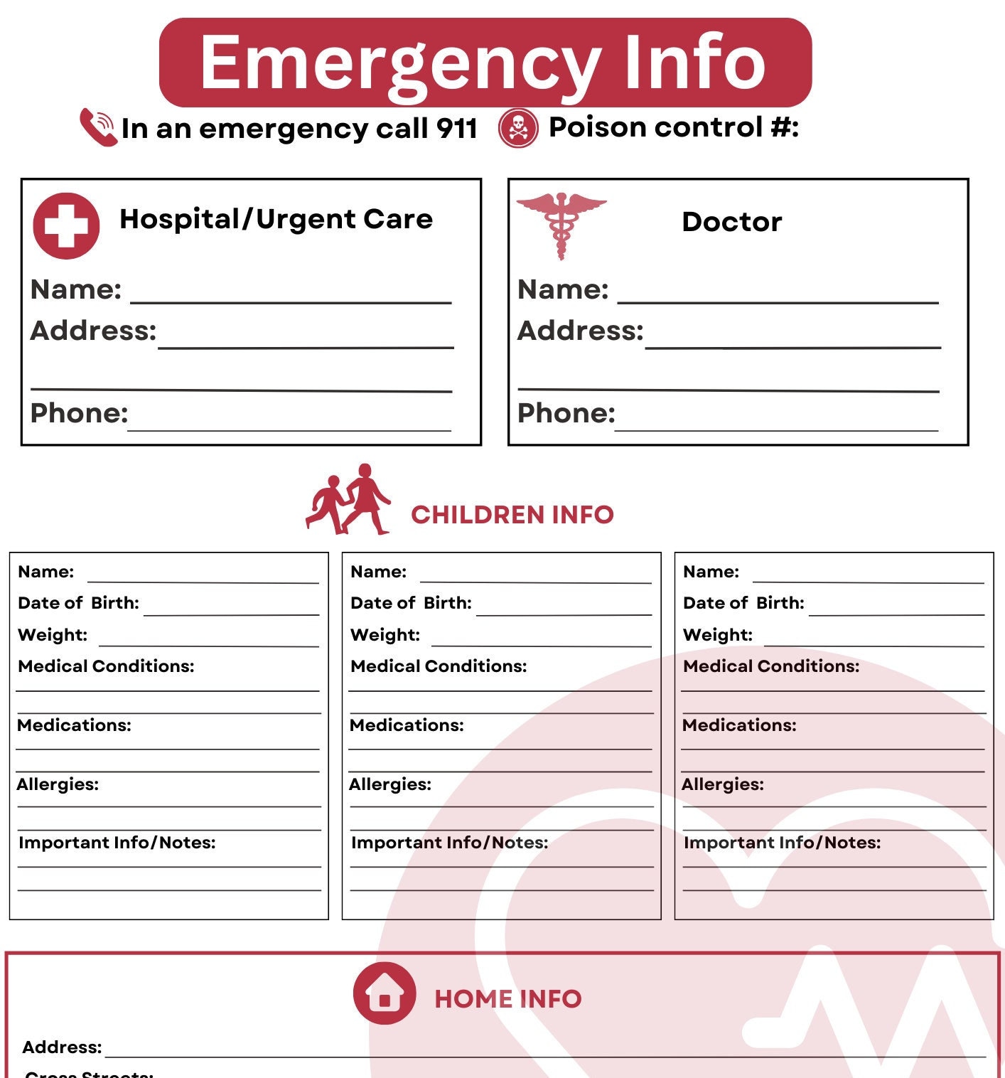 Emergency Contact Info Sheet Etsy Emergency Contact Info Sheet Etsy