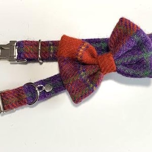 Harris Tweed Bow Tie Dog Collar - Red/Purple Check (Dunoon)