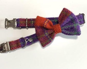 Harris Tweed Bow Tie Dog Collar - Red/Purple Check (Dunoon)