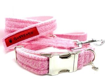 Harris Tweed Hundehalsband & Lead Set - Baby pink (Rose)